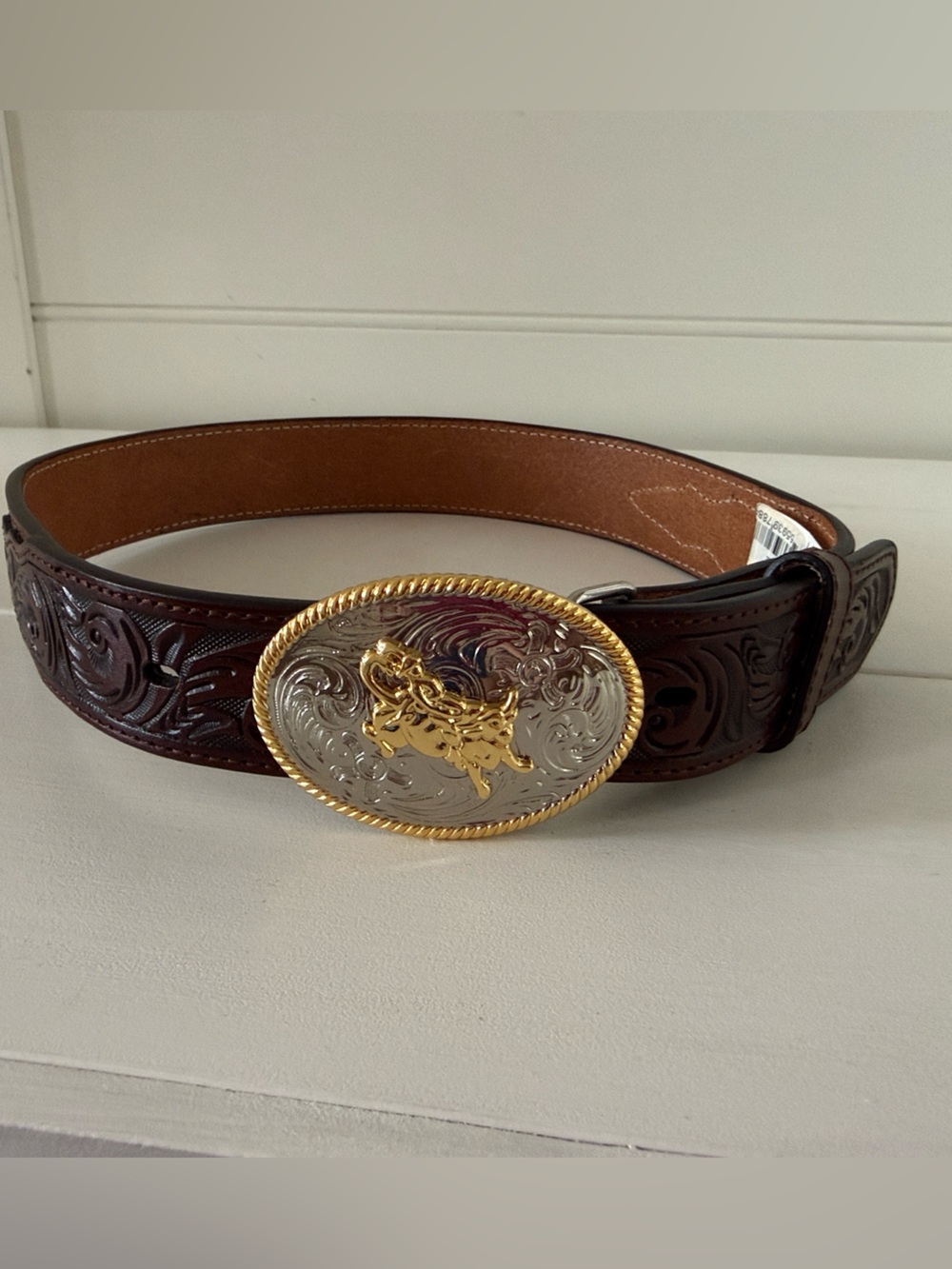 Youth Boys, Never worn, Tooled Brown Leather Belt with Two-Tone Western Buckle